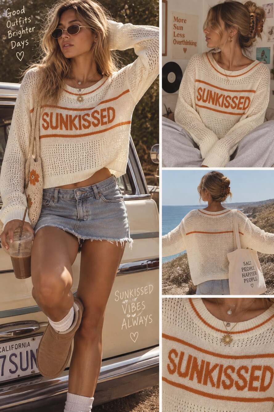 Cozy Co Sunkissed Open Knit Sweater Women’s S/M Cream Orange Y2K Coastal Boho